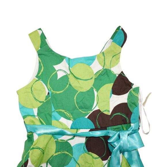 Girls Green Blue Polka Dot Fit & Flare Dress with Satin Bow Belt 10 - Picture 2 of 4